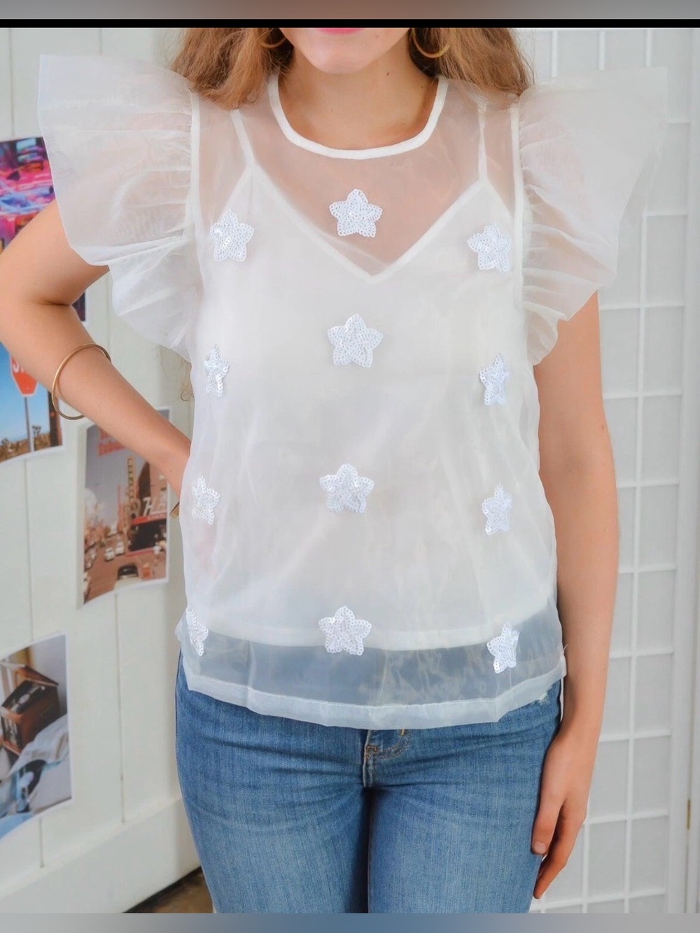 TCEC Mesh Sequin Star Sheer Top size small